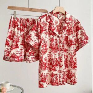 Red and Cream Color Voile Chinoiserie Design Style Coordinating Pajama Set NWOT